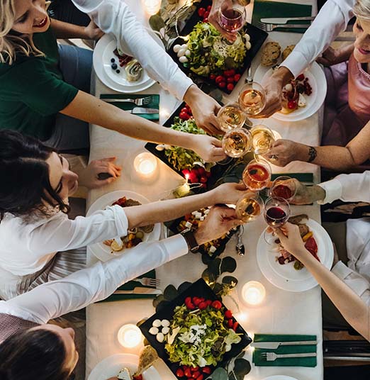 Friends toasting with wine glasses over elegant meal.