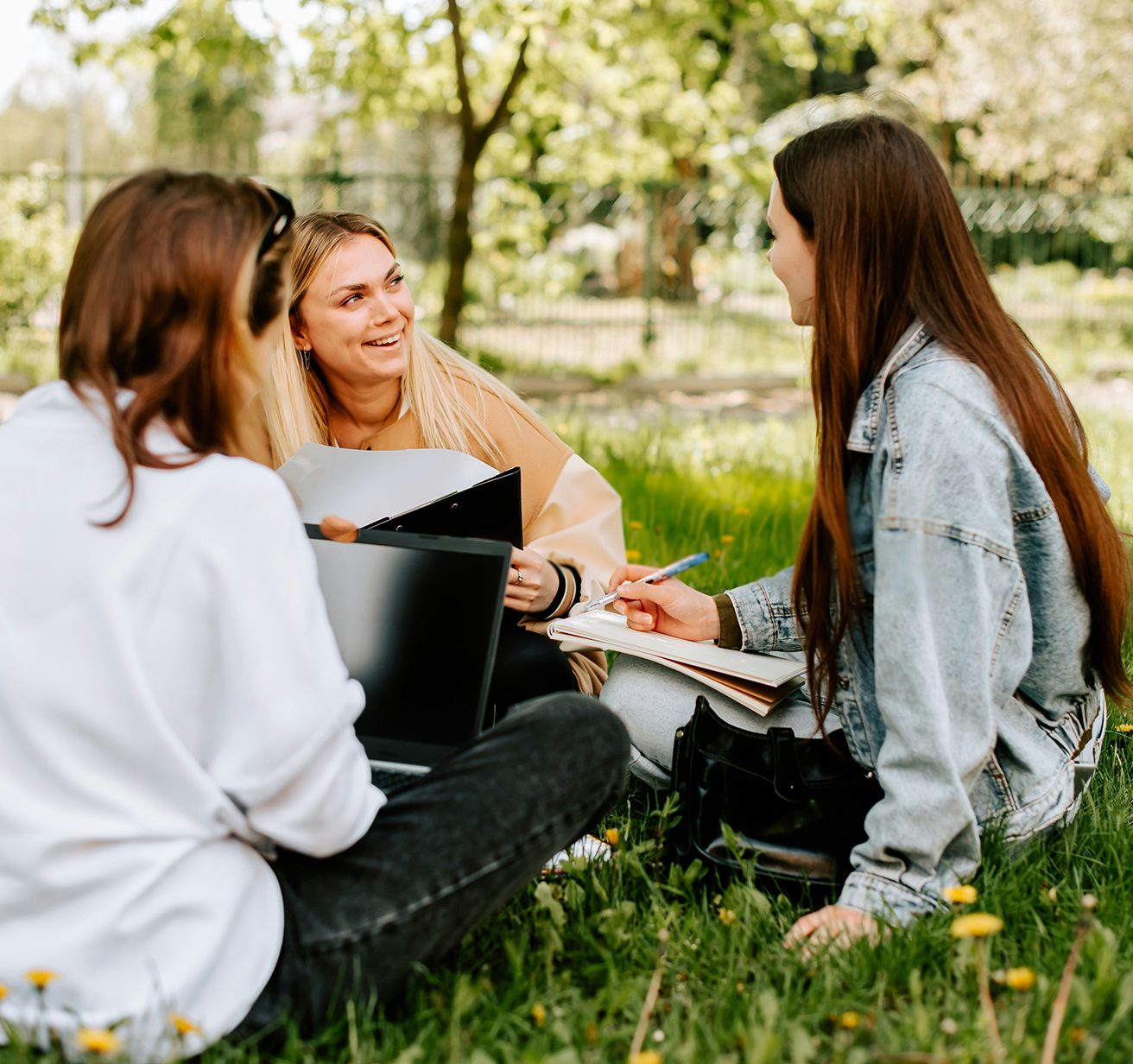 Friends smiling and working together in grassy field.