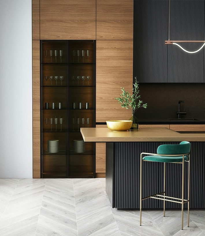 Elegant kitchen with brass chairs and cupboard with glasses and plates.