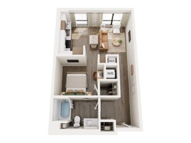 Rendering of the Solace floor plan with a Studio bedroom and 1 bathroom[s] at Millhaus
