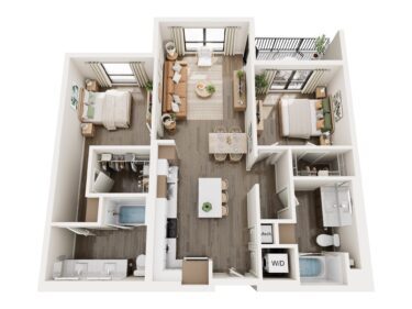 Rendering of the Meadow floor plan with 2 bedroom[s] and 2 bathroom[s] at Millhaus
