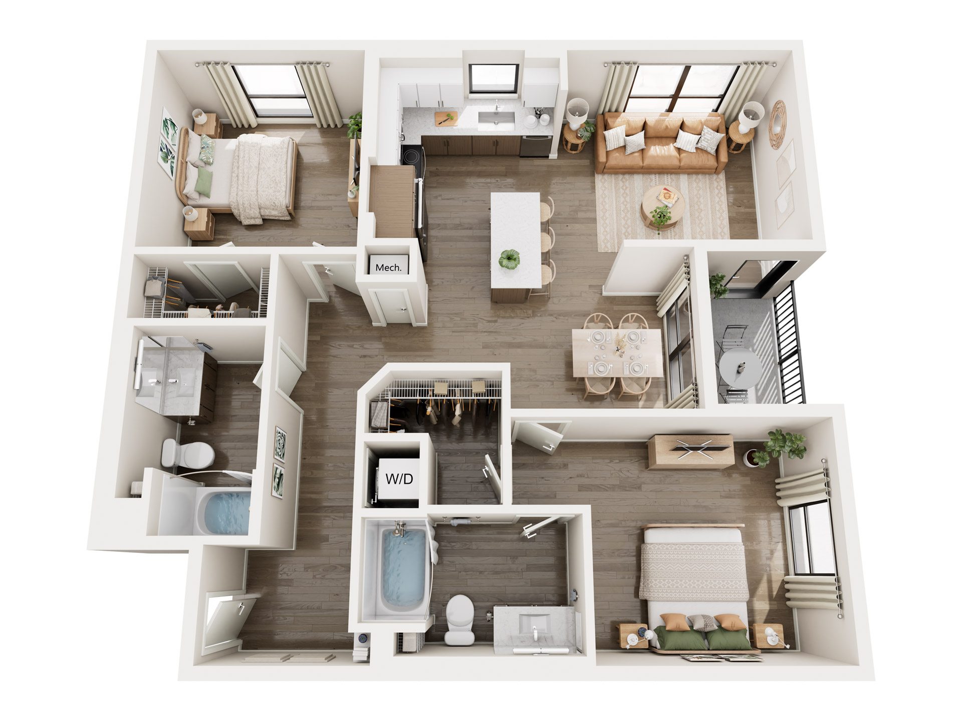 Rendering of the Willow floor plan with 2 bedroom[s] and 2 bathroom[s] at Millhaus