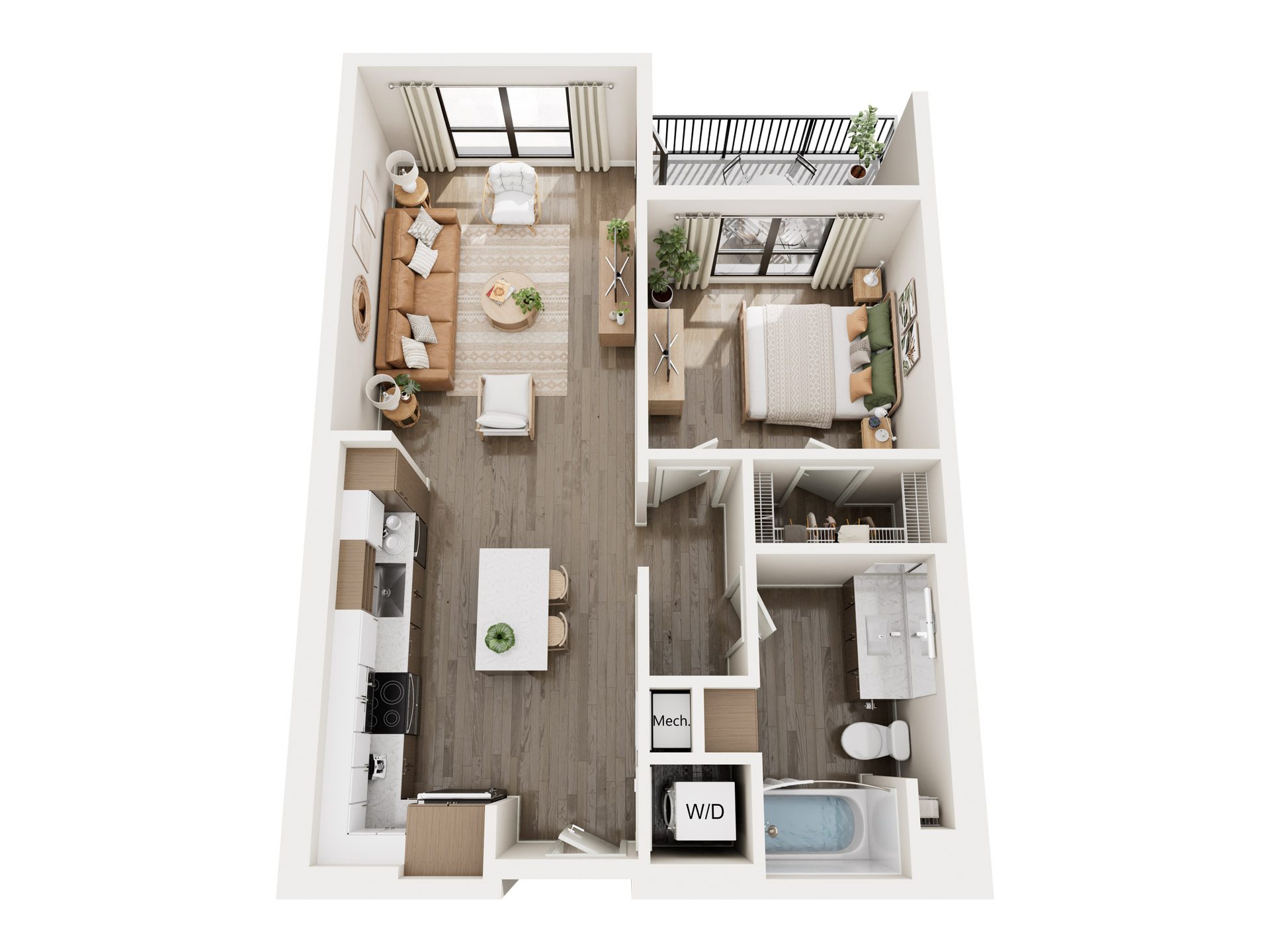 Rendering of the Haven A2 floor plan with 1 bedroom[s] and 1 bathroom[s] at Millhaus