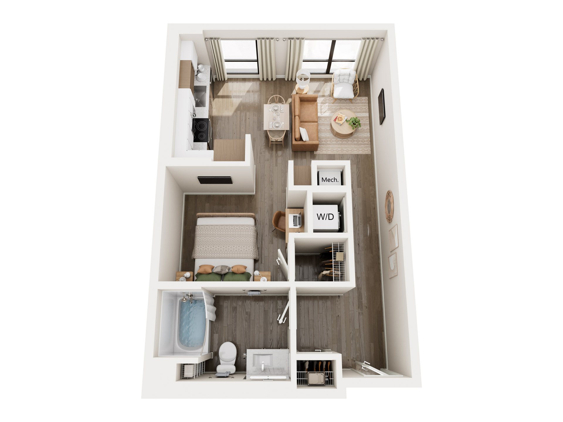 Rendering of the Solace Urban 1 floor plan with a Studio bedroom and 1 bathroom[s] at Millhaus