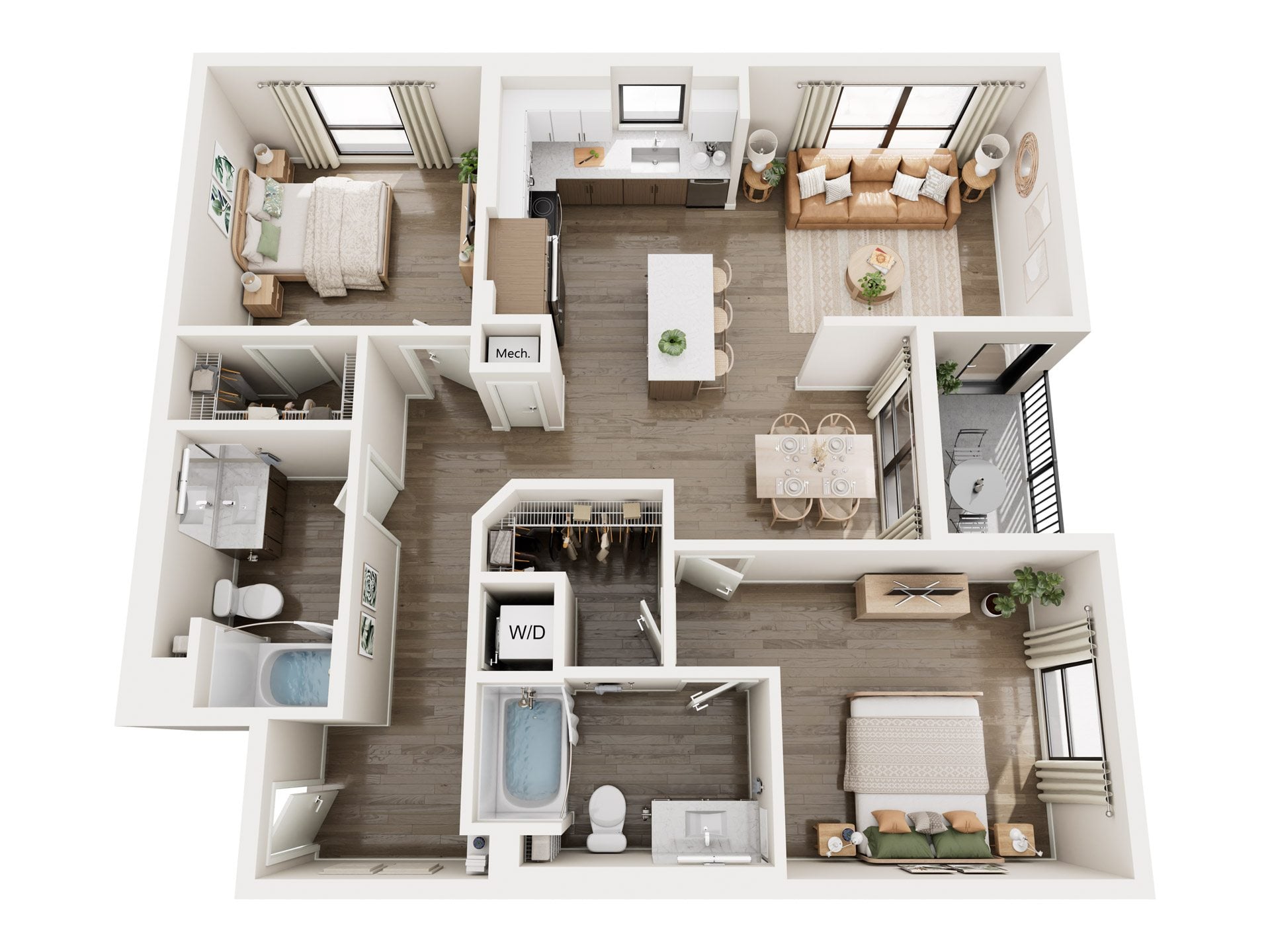 Rendering of the Sage A2 floor plan with 2 bedroom[s] and 2 bathroom[s] at Millhaus